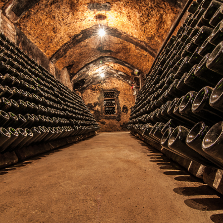 Photo of a wine cellar with rows of wine bottles