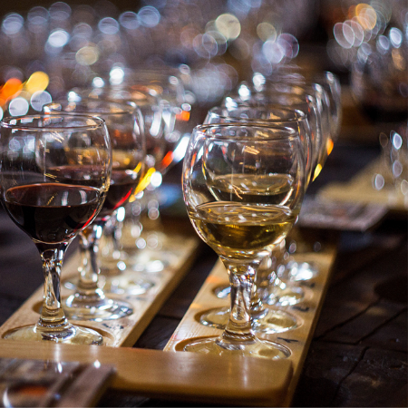 Close up of flights of wine glasses