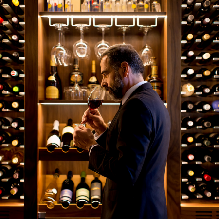 Man in a suit standing next to a wine cellar sniffing a glass of wine