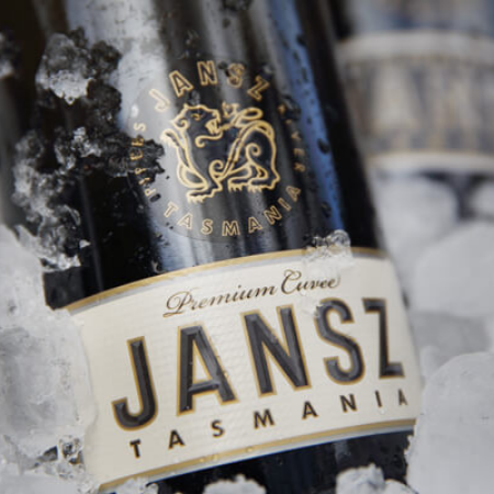 Close up of a bottle of Jansz wine